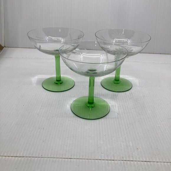 Vtg 1940 depression glass etched cut green stem 3 champagne cup - Picture 4 of 5